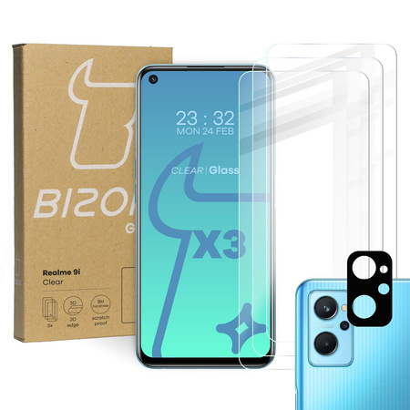 Szkło hartowane Bizon Glass Clear - 3 szt. + obiektyw, Realme 9i