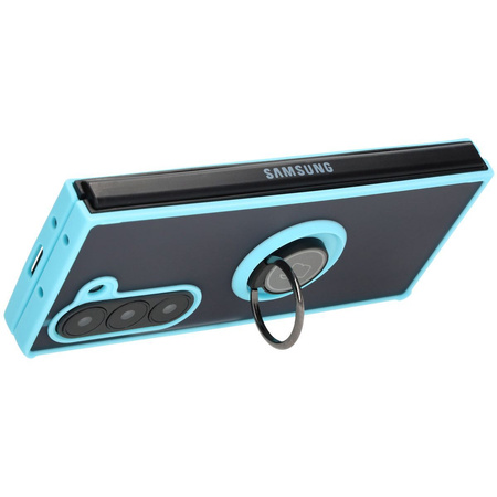 Etui z uchwytem na palec Bizon Case Hybrid Ring do Galaxy Z Fold6, przydymione z jasnoniebieską ramką