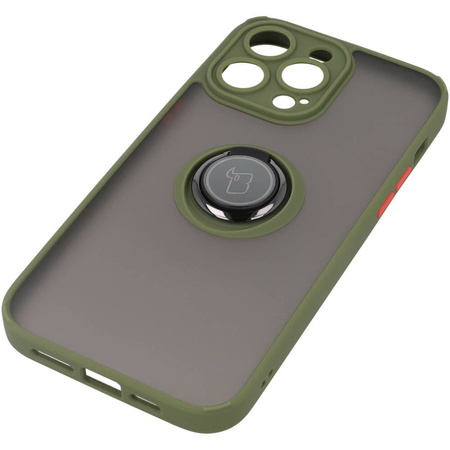 Etui z uchwytem na palec Bizon Case Hybrid Ring do iPhone 14 Pro Max, przydymione z zieloną ramką