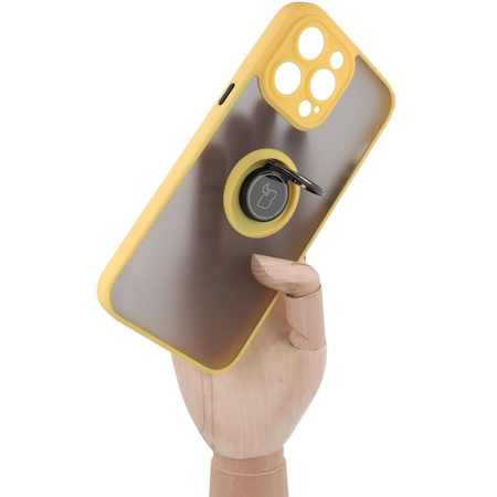 Etui z uchwytem na palec Bizon Case Hybrid Ring do iPhone 14 Pro Max, przydymione z żółtą ramką