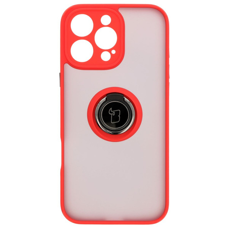 Etui z uchwytem na palec Bizon Case Hybrid Ring do iPhone 16 Pro Max, przydymione z czerwoną ramką