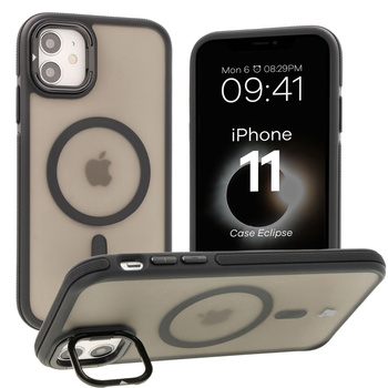 Etui z podstawką i pierścieniem magnetycznym Bizon Case Eclipse do iPhone 11, przydymione z czarną ramką