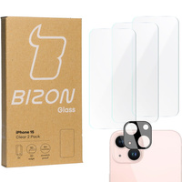 3x Szkło + szybka na aparat BIZON Clear 2 Pack do iPhone 15