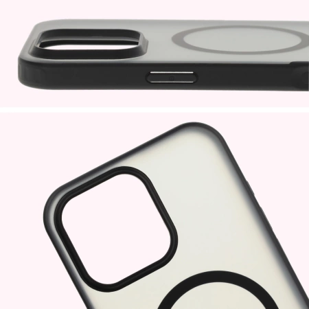 Etui z pierścieniem magnetycznym Bizon Case MatteO do iPhone 16 Pro Max, półprzezroczyste z czarną ramką