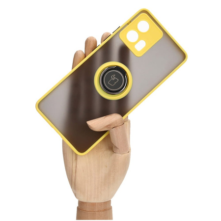 Etui z uchwytem na palec Bizon Case Hybrid Ring do Motorola Edge 30 Fusion, przydymione z żółtą ramką