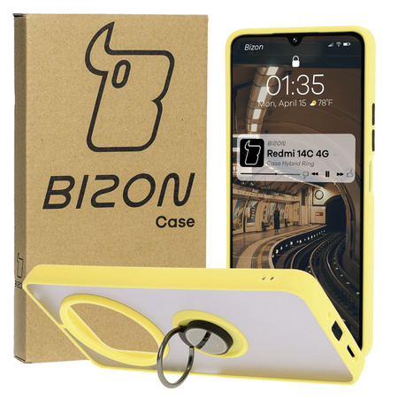 Etui z uchwytem na palec Bizon Case Hybrid Ring do Xiaomi Redmi 14C 4G / POCO C75, przydymione z żółtą ramką