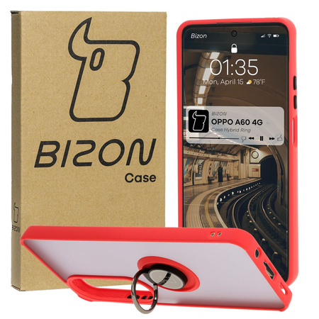 Etui z uchwytem na palec Bizon Case Hybrid Ring do Oppo A60 4G, przydymione z czerwoną ramką