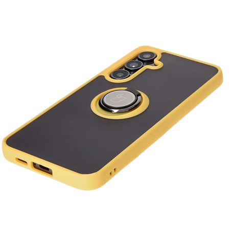Etui z uchwytem na palec Bizon Case Hybrid Ring do Galaxy S24 FE, przydymione z żółtą ramką