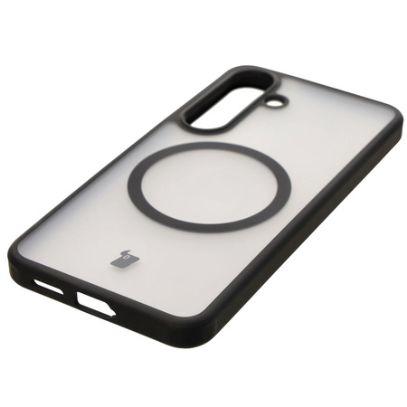 Etui z pierścieniem magnetycznym Bizon Case MatteO do Galaxy S25, półprzezroczyste z czarną ramką