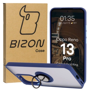 Etui z uchwytem na palec Bizon Case Hybrid Ring do Oppo Reno13 Pro, przydymione z granatową ramką