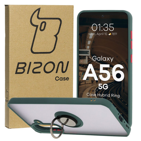 Etui z uchwytem na palec Bizon Case Hybrid Ring do Galaxy A36 5G / A56 5G, przydymione z ciemnozieloną ramką