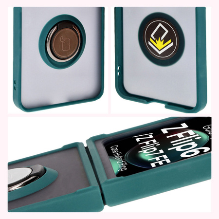Etui z uchwytem na palec Bizon Case Hybrid Ring do Galaxy Z Flip6, przydymione z ciemnozieloną ramką