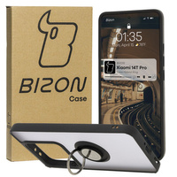 Etui z uchwytem na palec Bizon Case Hybrid Ring do Xiaomi 14T Pro, przydymione z czarną ramką