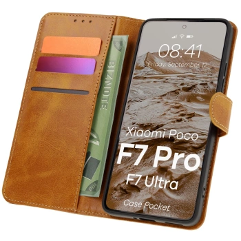 Etui z klapką Bizon Case Pocket do Xiaomi POCO F7 Pro / F7 Ultra, brązowe