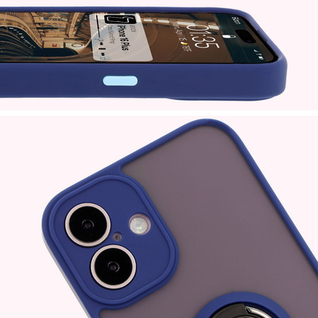 Etui z uchwytem na palec Bizon Case Hybrid Ring do iPhone 16 Plus, przydymione z granatową ramką
