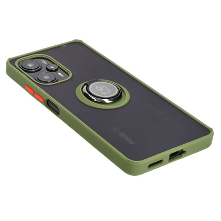 Etui z uchwytem na palec Bizon Case Hybrid Ring do Xiaomi Poco F5, przydymione z zieloną ramką
