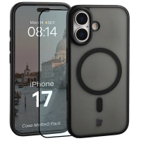 Etui z pierścieniem magnetycznym + szkło hartowane Bizon MatteO Pack do iPhone 17, przydymione-czarne