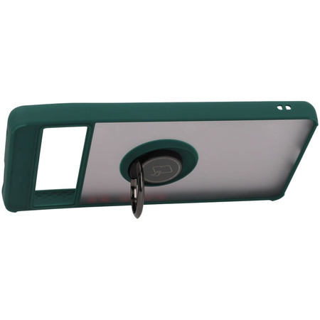Etui z uchwytem na palec Bizon Case Hybrid Ring do Google Pixel 7, przydymione z ciemnozieloną ramką