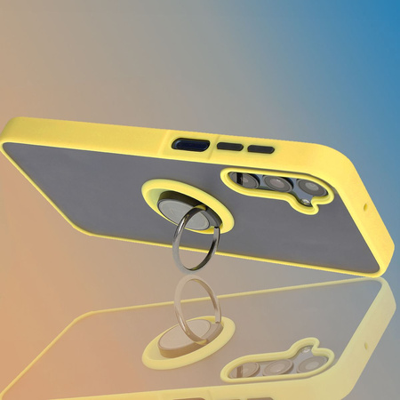 Etui z uchwytem na palec Bizon Case Hybrid Ring do Galaxy M15 5G, przydymione z żółtą ramką
