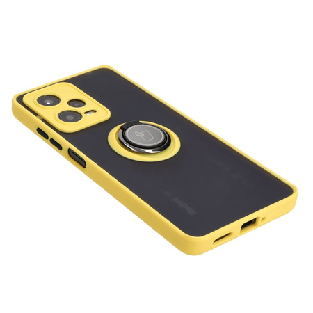 Etui z uchwytem na palec Bizon Case Hybrid Ring do Xiaomi Redmi Note 12 Pro 5G, przydymione z żółtą ramką