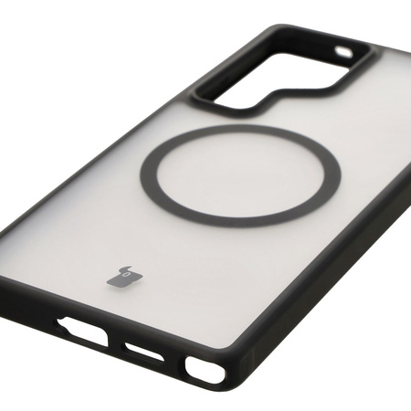 Etui z pierścieniem magnetycznym Bizon Case MatteO do Galaxy S25 Ultra, półprzezroczyste z czarną ramką