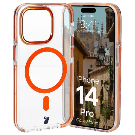 Etui z pierścieniem magnetycznym Bizon Case Marco do iPhone 14 Pro, przezroczyste z pomarańczową ramką