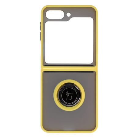 Etui z uchwytem na palec Bizon Case Hybrid Ring do Galaxy Z Flip5, przydymione z żółtą ramką