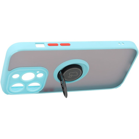 Etui z uchwytem na palec Bizon Case Hybrid Ring do iPhone 14 Pro, przydymione z jasnoniebieską ramką