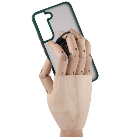 Etui z uchwytem na palec Bizon Case Hybrid Ring do Galaxy S22, przydymione z ciemnozieloną ramką