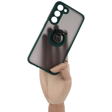 Etui z uchwytem na palec Bizon Case Hybrid Ring do Galaxy S23 Plus, przydymione z ciemnozieloną ramką