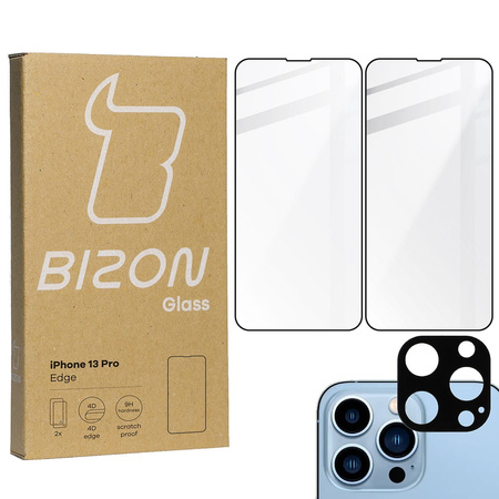 Szkło hartowane Bizon Glass Edge - 2 sztuki + ochrona na obiektyw, iPhone 13 Pro, czarne