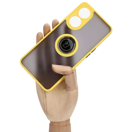 Etui z uchwytem na palec Bizon Case Hybrid Ring do Oppo Reno8 T, przydymione z żółtą ramką