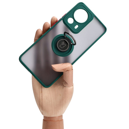 Etui z uchwytem na palec Bizon Case Hybrid Ring do Xiaomi 13 Lite, przydymione z ciemnozieloną ramką