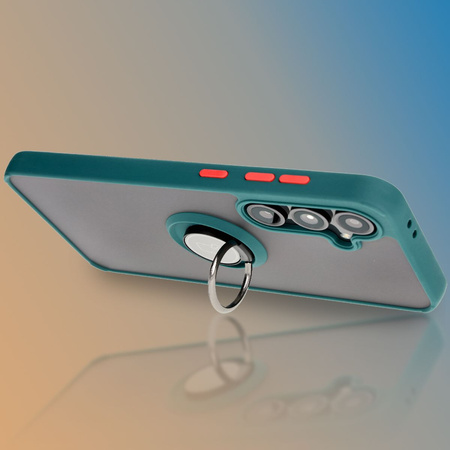 Etui z uchwytem na palec Bizon Case Hybrid Ring do Galaxy S24 FE, przydymione z ciemnozieloną ramką