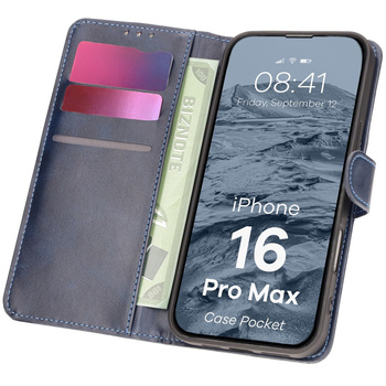 Etui z klapką Bizon Case Pocket do iPhone 16 Pro Max, granatowe