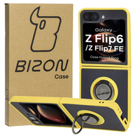 Etui z uchwytem na palec Bizon Case Hybrid Ring do Galaxy Z Flip6, przydymione z żółtą ramką