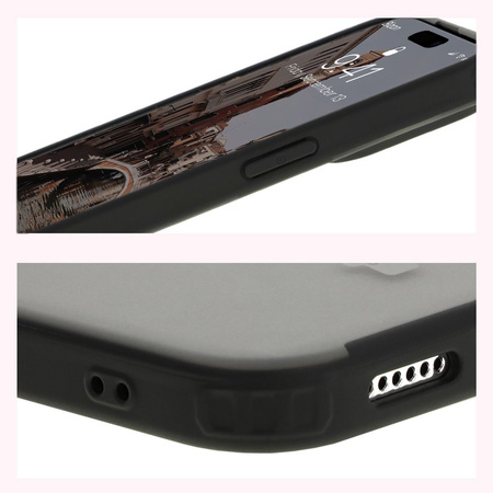 Etui z pierścieniem magnetycznym Bizon Case MatteO do iPhone 15 Pro Max, półprzezroczyste z czarną ramką