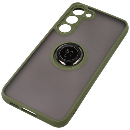 Etui z uchwytem na palec Bizon Case Hybrid Ring do Galaxy S23 Plus, przydymione z zieloną ramką