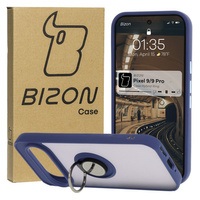 Etui z uchwytem na palec Bizon Case Hybrid Ring do Google Pixel 9 / 9 Pro, przydymione z granatową ramką