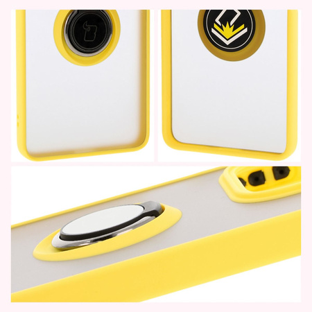 Etui z uchwytem na palec Bizon Case Hybrid Ring do Xiaomi Redmi Note 14 5G, przydymione z żółtą ramką