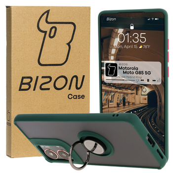 Etui z uchwytem na palec Bizon Case Hybrid Ring do Motorola Moto G85 5G, przydymione z ciemnozieloną ramką