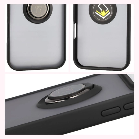 Etui z uchwytem na palec Bizon Case Hybrid Ring do iPhone 17 Pro Max, przydymione z czarną ramką