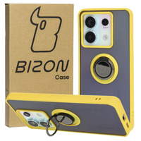 Etui z uchwytem na palec Bizon Case Hybrid Ring do Xiaomi Poco X6 / Xiaomi Redmi Note 13 Pro 5G, przydymione z żółtą ramką