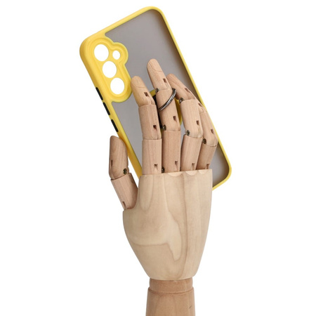 Etui z uchwytem na palec Bizon Case Hybrid Ring do Galaxy A34 5G, przydymione z żółtą ramką