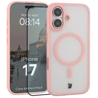 Etui z pierścieniem magnetycznym + szkło hartowane Bizon MatteO Pack do iPhone 17, przydymione-jasnoróżowe