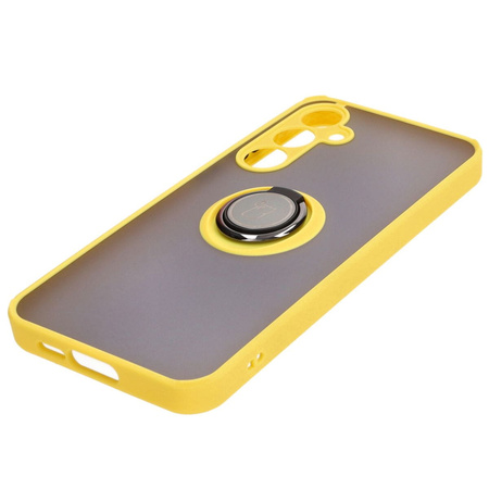 Etui z uchwytem na palec Bizon Case Hybrid Ring do Galaxy A55 5G, przydymione z żółtą ramką