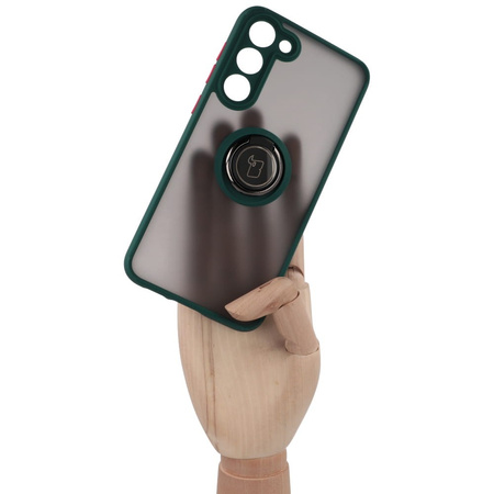 Etui z uchwytem na palec Bizon Case Hybrid Ring do Galaxy S23 Plus, przydymione z ciemnozieloną ramką