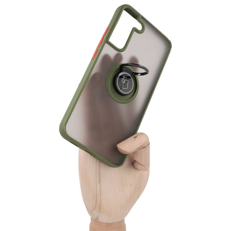 Etui z uchwytem na palec Bizon Case Hybrid Ring do Galaxy S22 Plus, przydymione z zieloną ramką