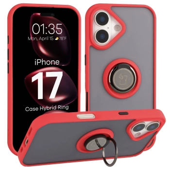 Etui z uchwytem na palec Bizon Case Hybrid Ring do iPhone 17, przydymione z czerwoną ramką
