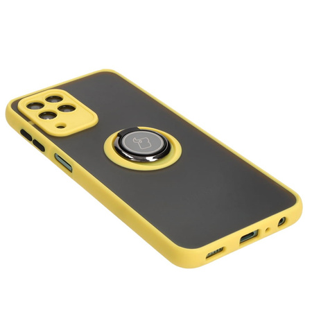Etui z uchwytem na palec Bizon Case Hybrid Ring do Galaxy M33 5G, przydymione z żółtą ramką